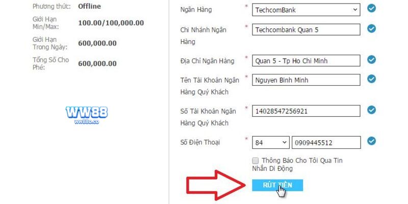 Nhập thông tin ngân hàng (nếu ví điện tử thì vào thằng mục chuyển tiền)